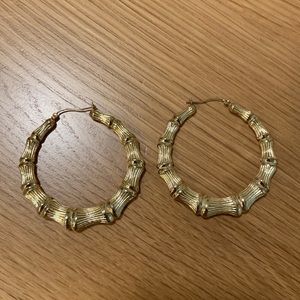 Bamboo Hoop Earrings Real 10K Yellow Gold